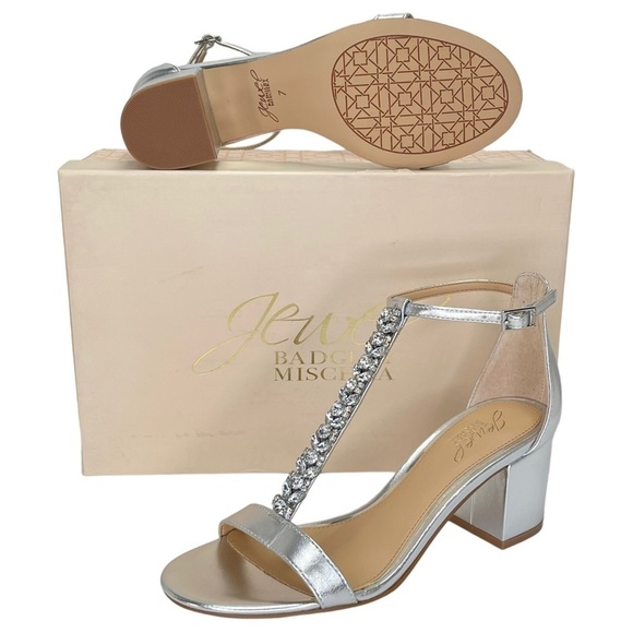 Jewel Badgley Mischka Lindsey Silver Faux Leather Rhinestone T-as tap Heels 7M - Picture 14 of 14